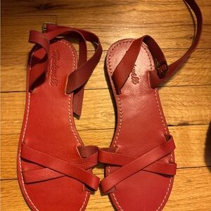 Madewell Red Leather Strappy Ankle-Tie Sandals